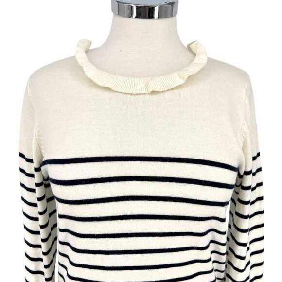 Böhme Striped Ruffled Neck Sweater Ivory White Black Size Medium - Picture 2 of 10